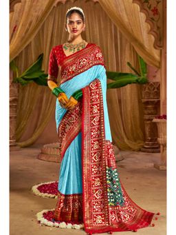 Mysilklove - Charlotte Blue Embroidery Chikankari Patola Handloom Saree without Blouse