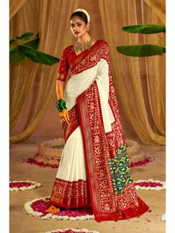 Mysilklove - Cultured Pearl White Embroidery Chikankari Patola Handloom Saree without Blouse