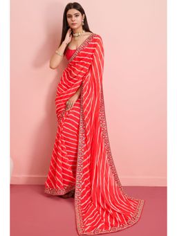 Mysilklove - Monza Red Georgette Leheriya Silk Saree without Blouse