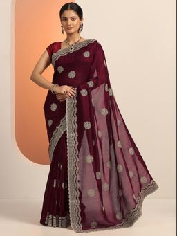 Libas - Maroon Stone Work Embroidered Saree with Unstitched Blouse