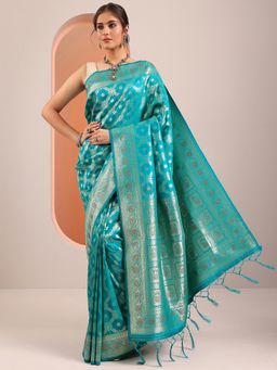 Libas - Turquoise Zari Woven Design Saree with Unstitched Blouse