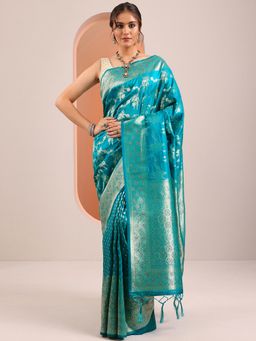 Libas - Turquoise Zari Woven Stone Work Design Saree with Unstitched Blouse