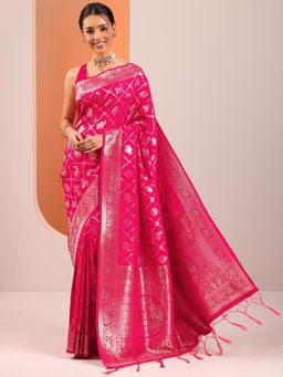 Libas - Pink Zari Woven Stone Work Design Saree with Unstitched Blouse