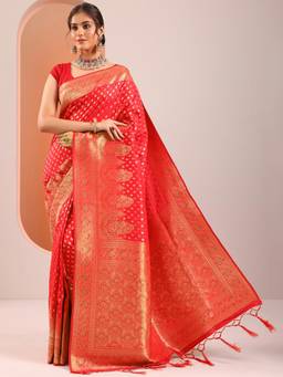 Libas - Red Stone Work Zari Woven Design Saree with Unstitched Blouse