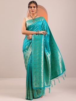 Libas - Turquoise Stone Work Zari Woven Design Saree with Unstitched Blouse