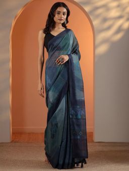 Libas - Navy Blue Printed Tassels Work Saree with Unstitched Blouse