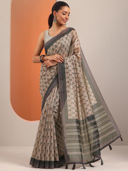 Libas - Beige Ethnic Motif Floral Print Saree with Unstitched Blouse