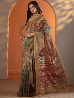 Libas - Beige Printed Tassels Work Saree with Unstitched Blouse