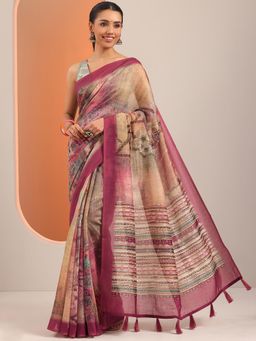 Libas - Beige and Pink Printed Tassels Work Saree with Unstitched Blouse