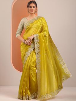 Libas - Yellow Embroidered Sequined Work Saree with Unstitched Blouse