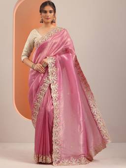 Libas - Pink Embroidered Sequined Work Saree with Unstitched Blouse