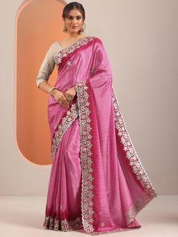Libas - Pink Embroidered Thread Work Saree with Unstitched Blouse
