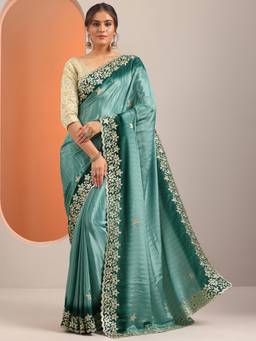 Libas - Teal Embroidered Thread Work Saree with Unstitched Blouse