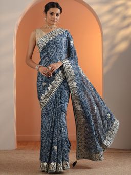 Libas - Navy Blue Embroidered Bandhani Printed Saree with Unstitched Blouse