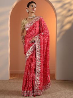 Libas - Red Embroidered Bandhani Printed Saree with Unstitched Blouse