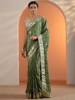 Libas - Olive Embroidered Bandhani Printed Saree with Unstitched Blouse