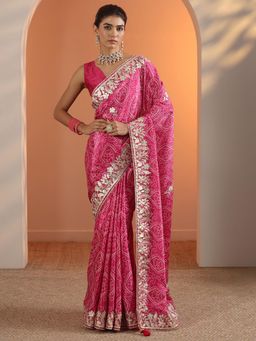 Libas - Pink Embroidered Bandhani Printed Saree with Unstitched Blouse