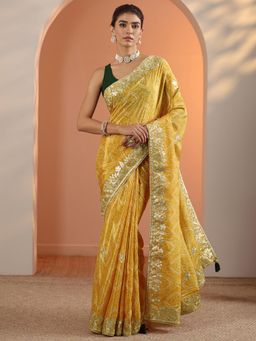 Libas - Yellow Embroidered Bandhani Printed Saree with Unstitched Blouse