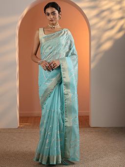 Libas - Sky Blue Zari Embroidered Saree with Unstitched Blouse