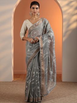 Libas - Grey Zari Embroidered Saree with Unstitched Blouse