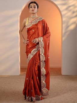 Libas - Rust Ethnic Motif Embroidered Saree with Unstitched Blouse