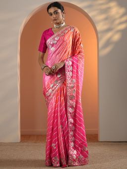 Libas - Pink Leheriya Printed Embroidered Saree with Unstitched Blouse