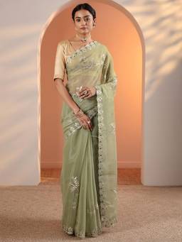 Libas - Light Green Embroidered Thread Work Saree with Unstitched Blouse