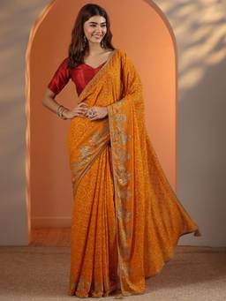 Libas - Mustard Bandhani Printed Stone Work Saree with Unstitched Blouse