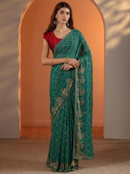 Libas - Green Bandhani Printed Stone Work Saree with Unstitched Blouse
