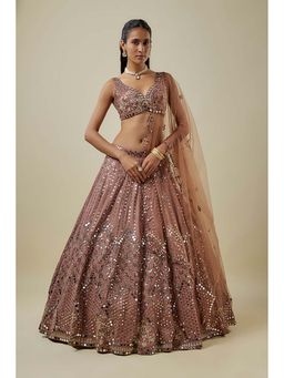 MEHAK MURPANA - Dark Mauve Mirror Embroidered Choli, Lehenga and Dupatta Set