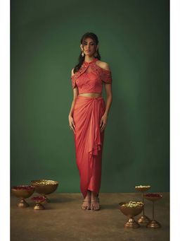 MEHAK MURPANA - Orange Embroidered Top and Draped Skirt Set