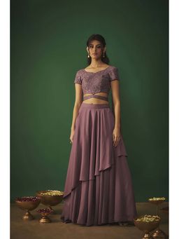 MEHAK MURPANA - Rouge Purple Embroidered Choli with Attached Dupatta and Asymmetrical Lehenga Set