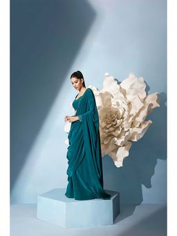 Qunic - Teal Allure Saree with Stitched Blouse
