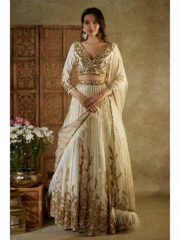 MEHAK MURPANA - Ivory and Gold Embroidered Lehenga Set