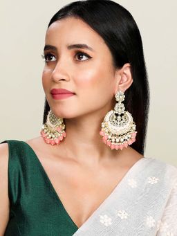 Peora - Gold Plated Pink Kundan and Beads Studded Chandbali Earrings