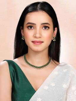 Peora - Gold Plated Green Synthetic Stone Studded Jewellery Set