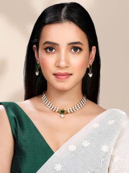 Peora - Green Synthetic Stone and Pearl Studded Jewellery Set