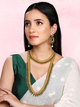 Peora - Green Synthetic Stone Gold Plated Jewellery Set