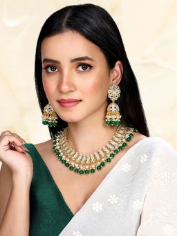 Peora - Gold Plated Green Kundan and Beads Studded Jewellery Set
