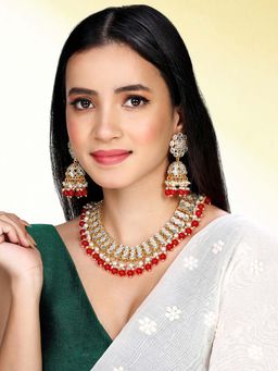 Peora - Gold Plated Red Kundan and Beads Studded Jewellery Set