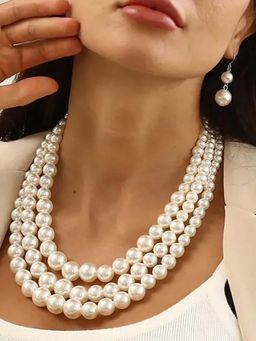 Peora - Silver Plated Pearl Studded 3 Layer Fashionable Jewellery Set