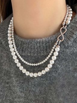 Peora - Silver Plated White Pearls Studded Layered Necklace