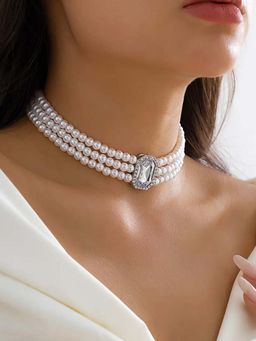 Peora - Silver Plated White Pearl White and Synthetic Stone Choker