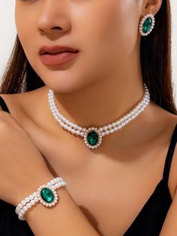 Peora - Green Synthetic Stone Studded and White Pearl Jewellery Set
