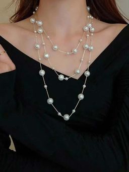 Peora - Silver Plated White Pearl Studded Layered Necklace