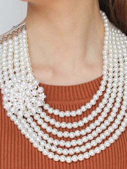 Peora - Silver Plated White Pearl Studded Layered Stylish Necklace
