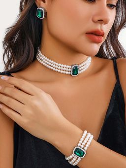 Peora - Green Synthetic Stone Studded and Stylish White Pearl Jewellery Set