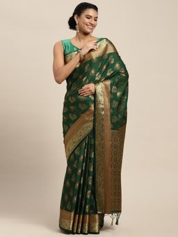 Mimosa - Women's Kanjivaram Art Silk Green Saree with Unstitched Blouse