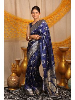 BEGUM BELIYA - Midnight Majesty Navy Blue Zari Woven Saree with Unstitched Blouse