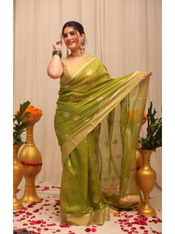 BEGUM BELIYA - Meadow Glow Green Zari Woven Saree with Unstitched Blouse